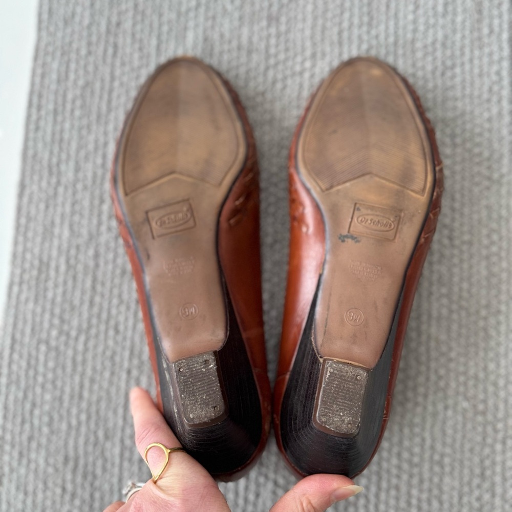 Vintage Dr. Scholls Cognac Brown Woven Leather Peep Toe Kitten Heels Dress Shoes - Picture 5 of 10
